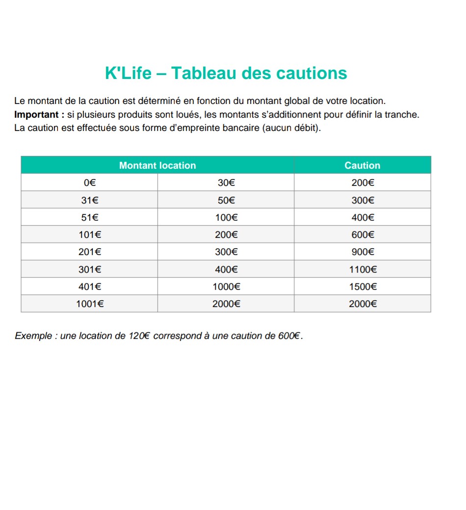 K'Life - Tableau des cautions